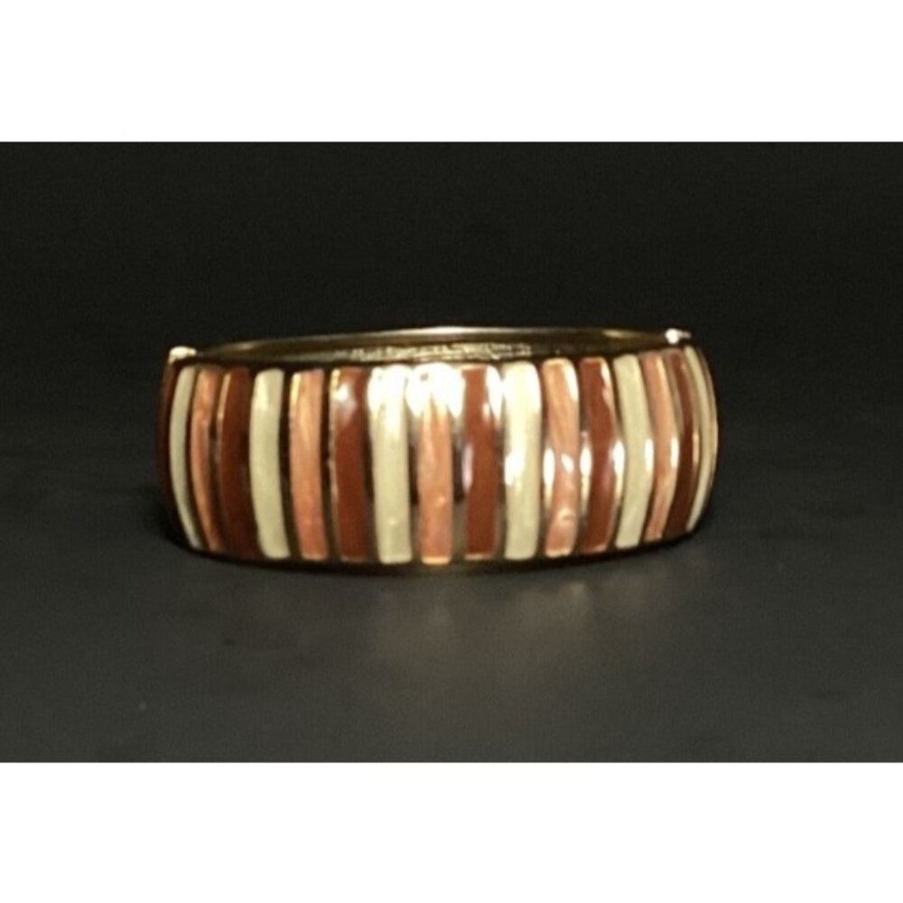 Vintage Copper Rose & Cream Striped Wide Hinged Clamper Bracelet Gold-Toned - Picture 4 of 8